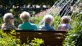 Fyra äldre kvinnor sitter på en parkbänk och samtalar.