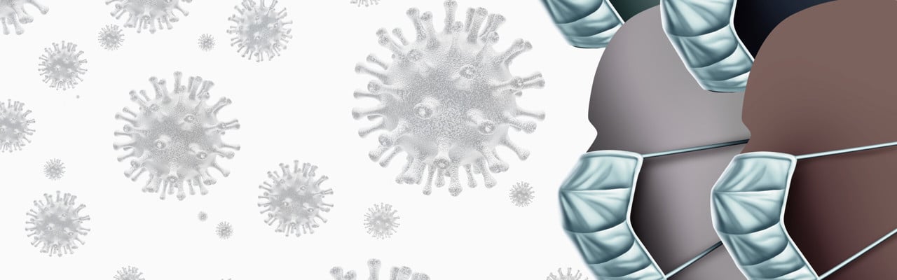 Grafisk illustration av virus i luften och personer med munskydd
