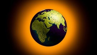 Grafisk illustration av jorden som en upphettad planet i rymden