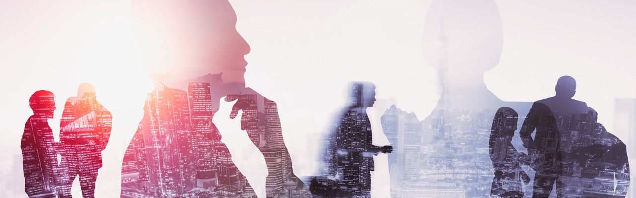 The picture is a collage of people interacting and with a city skyline in the background.