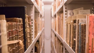 Arkivsamlingar i bokhyllor nere i magasinet i UB