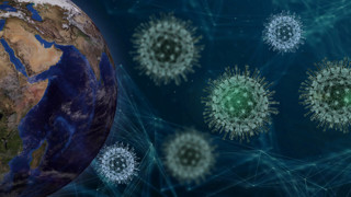 Bild på jordglob omringad av Coronavirus