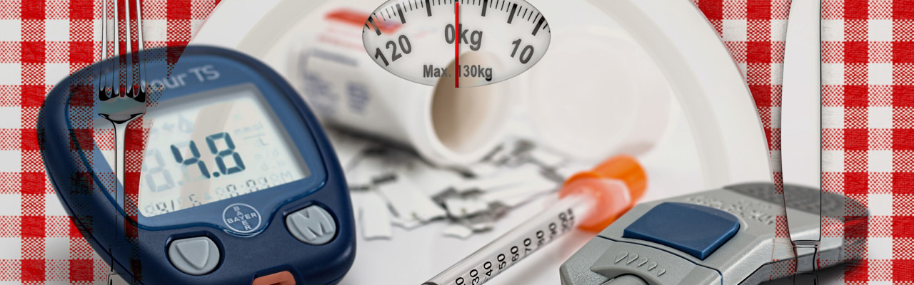 Kollage som beskriver diabetes kopplat till vikt och kosthållning.