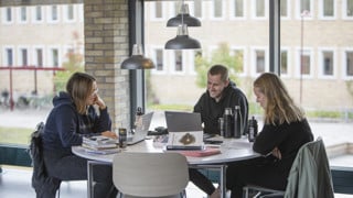 Studenter grupparbetar i Humanisthusets fik.