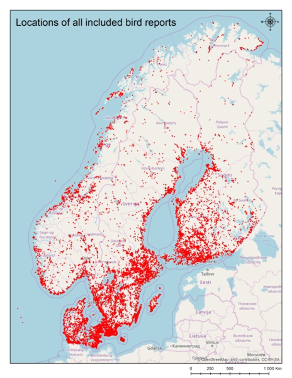 Kartbild över inrapporterade flyttfåglar