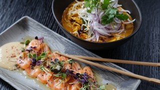 Salmon plate and soup bowl nicely arranged with decoration