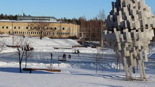 Studenter åker skridskor på Campusdammen
