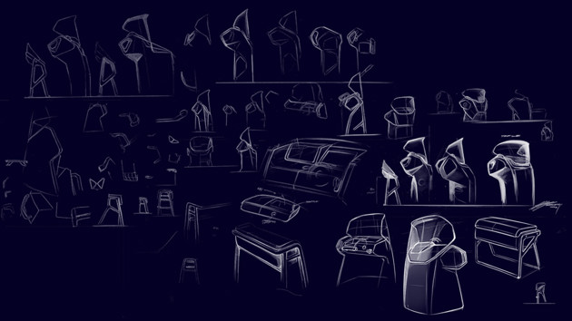 Steering console & seating modules sketch process.