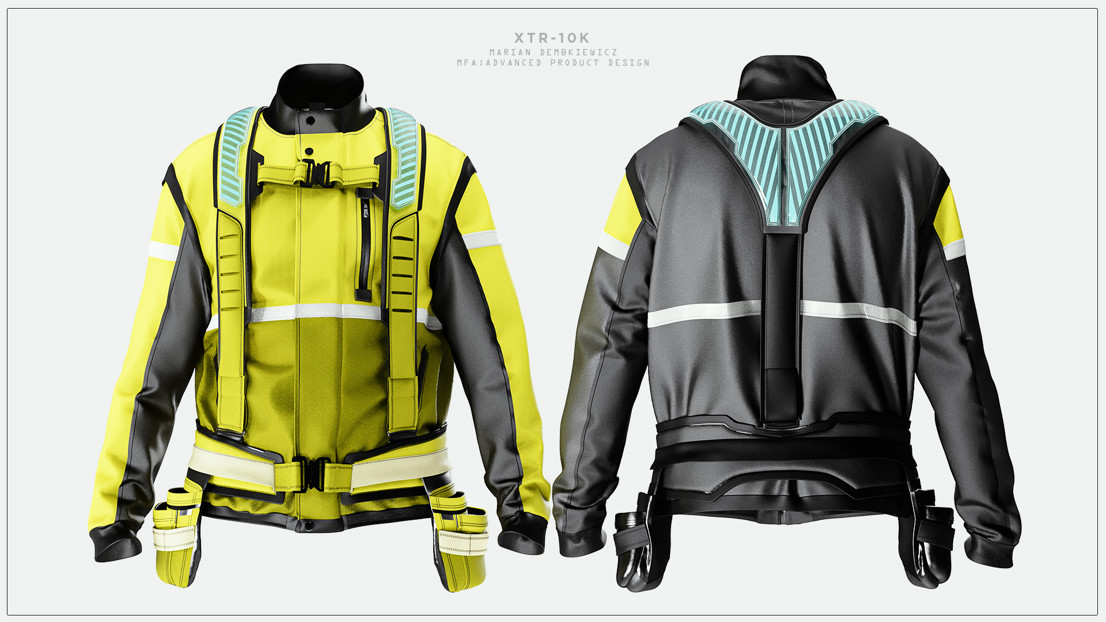 Product image of the XTR 10k all-round work harness and jacket, showing the front and back view in two colour ways.