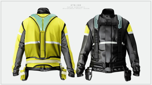 Product image of the XTR 10k all-round work harness and jacket, showing the front and back view in two colour ways.