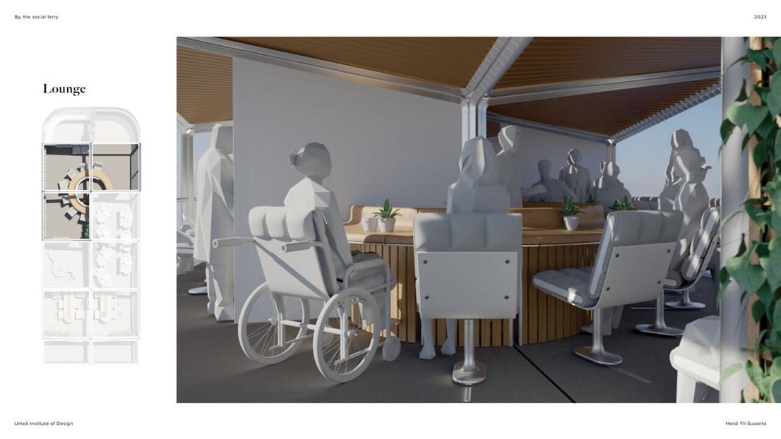 Round table at the center of the lounge with space for people with limited mobility.