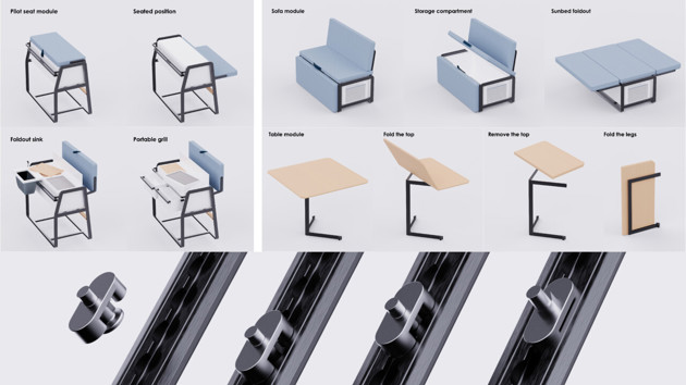 Top: the flexibility of the modules. Bottom: L-track locking system.