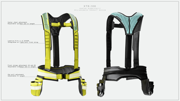 Product image of the XTR 10k all-round work harness, showing the front and back in two colour ways, with descriptive hairlines.