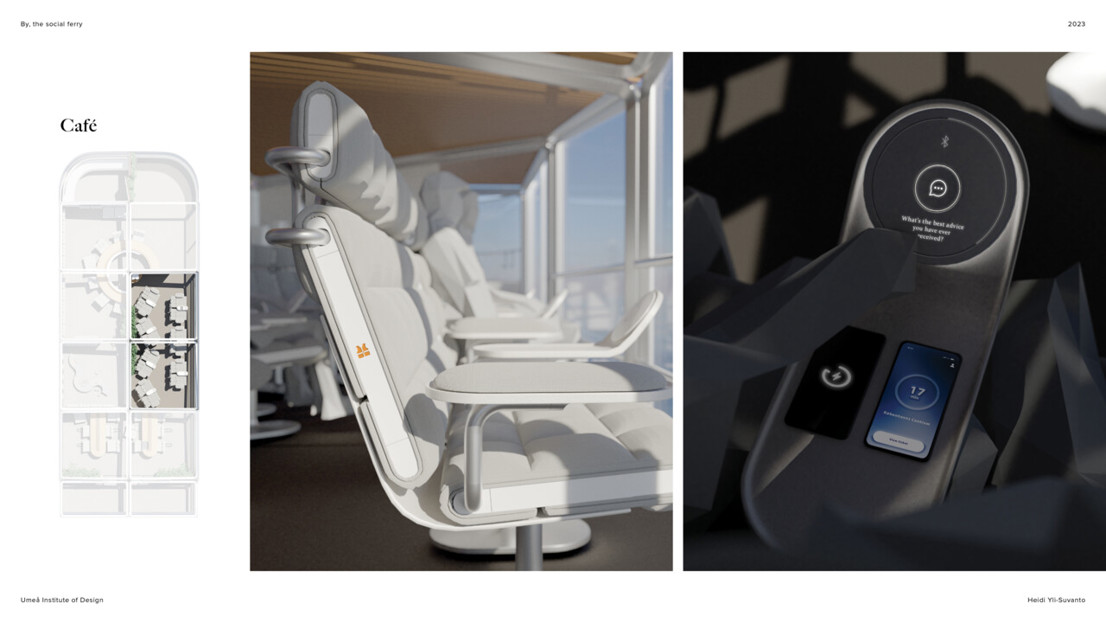 Details of the seat: lifevest storage and communication panel.