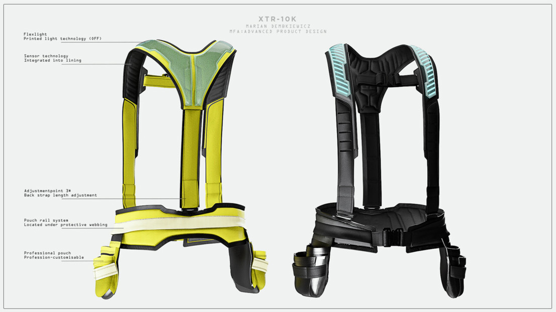 Product image of the XTR 10k all-round work harness, showing the front and back in two colour ways, with descriptive hairlines.