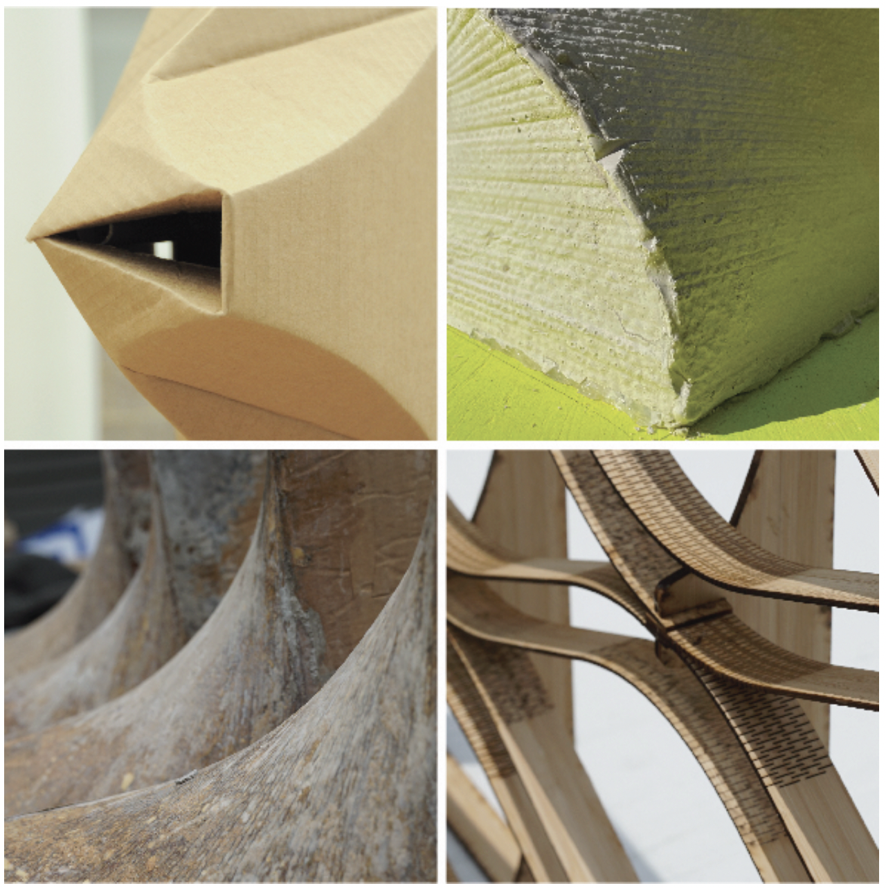 Different materials included in the research: Crease folded cardboard, plaster, laminated cardboard, bamboo