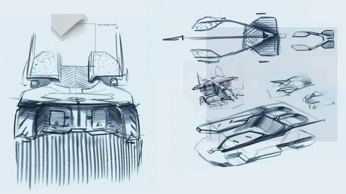 Sketches on multiple areas and details of the vehicle