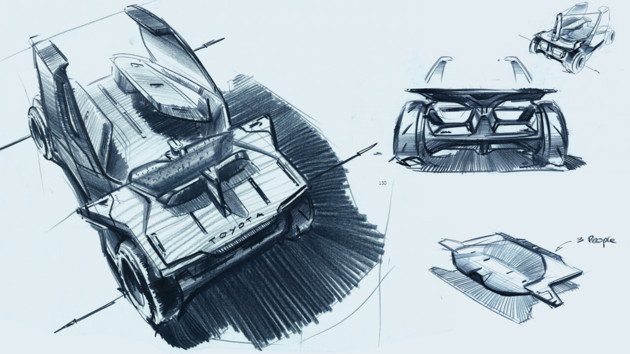 Sketches on multiple areas and details of the vehicle