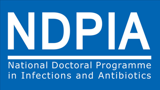 Blå bakgrund med vit text, logga för nationella forskarskolan i infektion och antibiotika