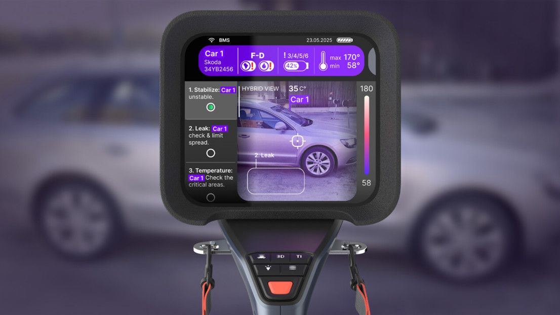 The interface consists of a horizontal module on the top that is showing the critical info of the connected vehicle, a vertical module on the left called tasks panel, a temperature bar, and the real-time AR view window.