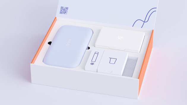 Trine kit with case with the injector pens needed for the treatment, sharps container box, cartridges medication box, needles box and alcohol swabs.
